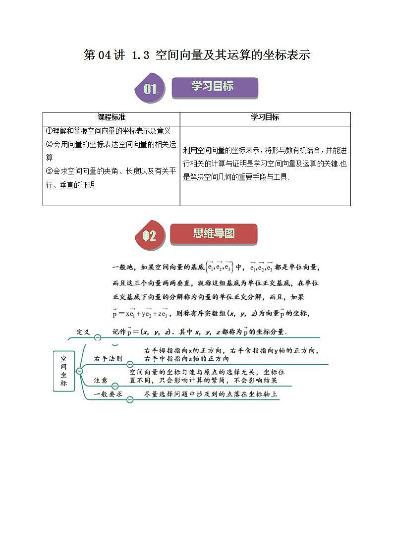 2024-2025学年精品同步讲义 数学（选择性必修第一册 人教A版2019）第04讲 1.3 空间向量及其运算的坐标表示 Word版含解析第1页