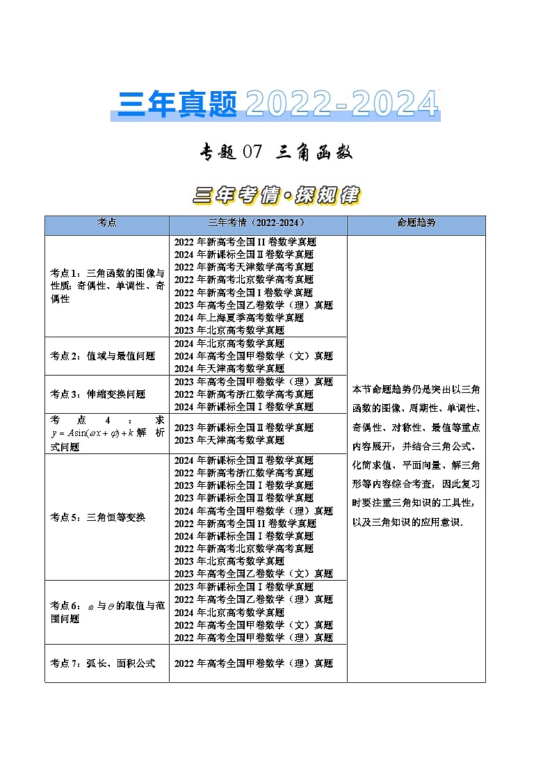 三年（2022-2024）高考数学真题分类汇编（全国通用）专题07 三角函数（七大考点）（原卷版）第1页