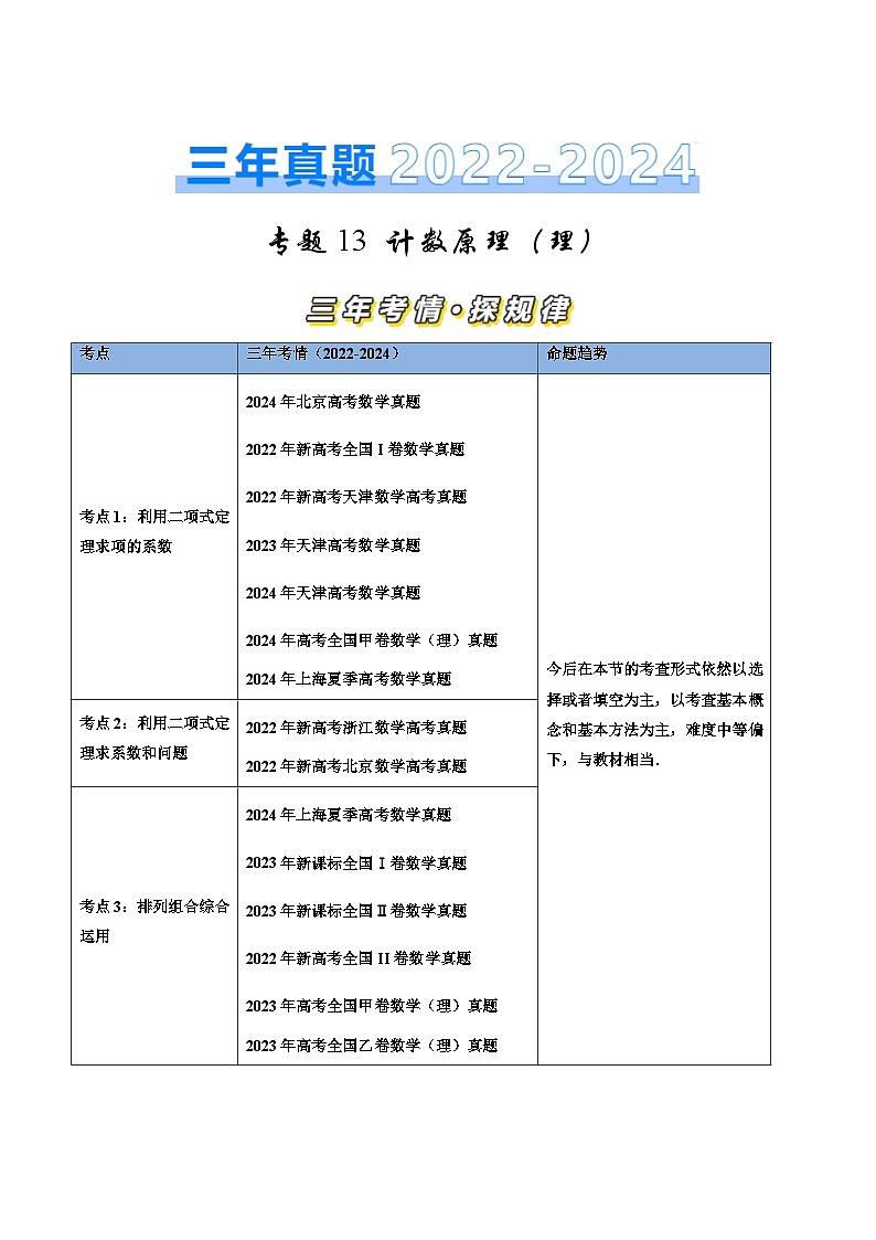 三年（2022-2024）高考数学真题分类汇编（全国通用）专题13 计数原理（理） （三大考点）（原卷版）第1页