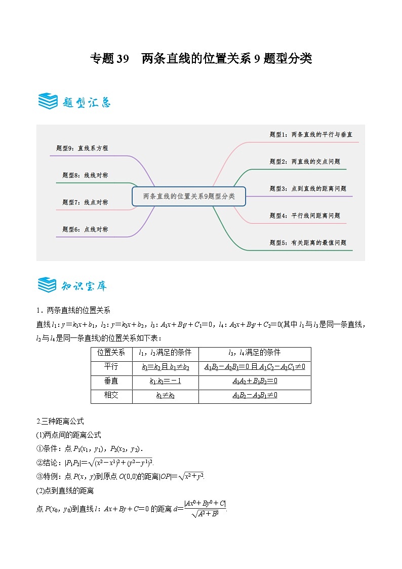 专题39 两条直线的位置关系9题型分类-备战2025年高考数学一轮专题复习全套考点突破和专题检测（解析版）01