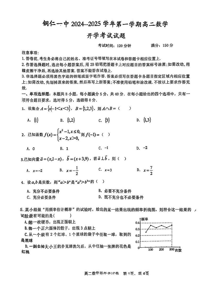 贵州省铜仁第一中学2024-2025学年高二上学期开学考试数学试题01