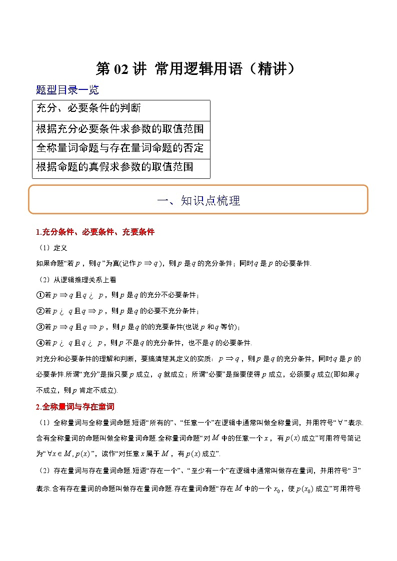 高考数学高频考点题型归纳与方法(新高考通用)第02讲常用逻辑用语(精讲)(原卷版+解析)01