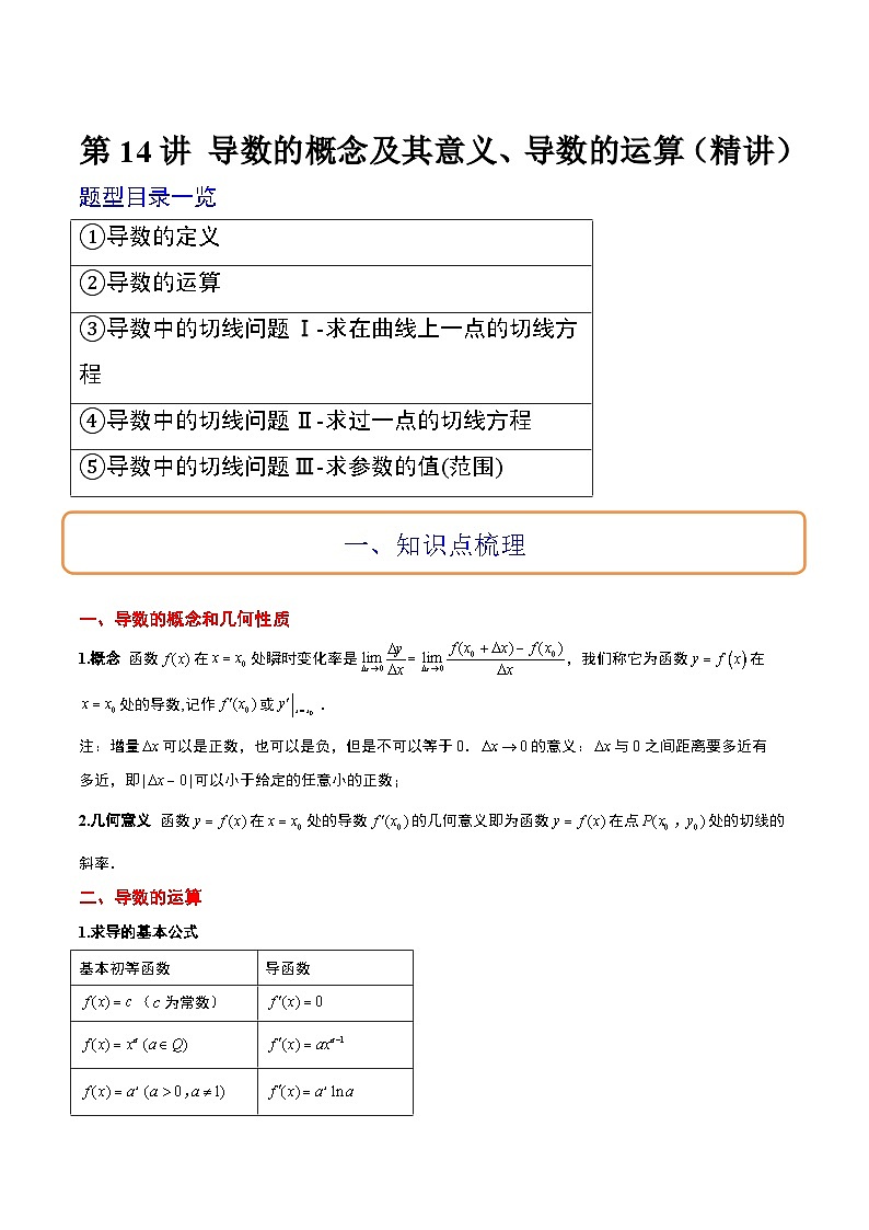 高考数学高频考点题型归纳与方法(新高考通用)第14讲导数的概念及其意义、导数的运算(精讲)(原卷版+解析)01