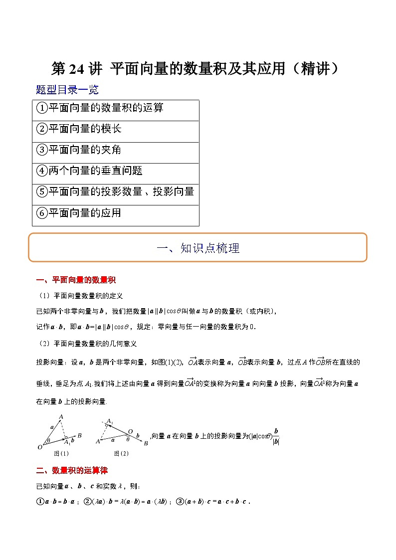 高考数学高频考点题型归纳与方法(新高考通用)第24讲平面向量的数量积及其应用(精讲)(原卷版+解析)01