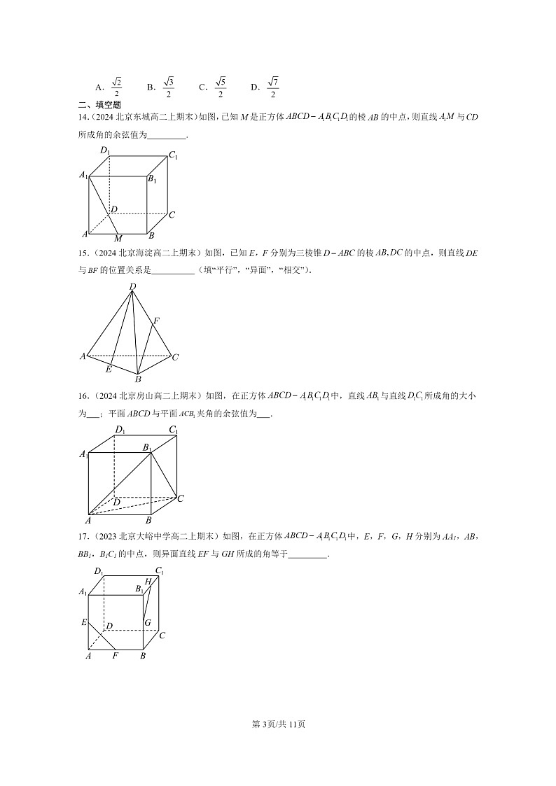 [数学]2022～2024北京重点校高二上学期期末真题数学分类汇编：空间点、直线、平面之间的位置关系第3页
