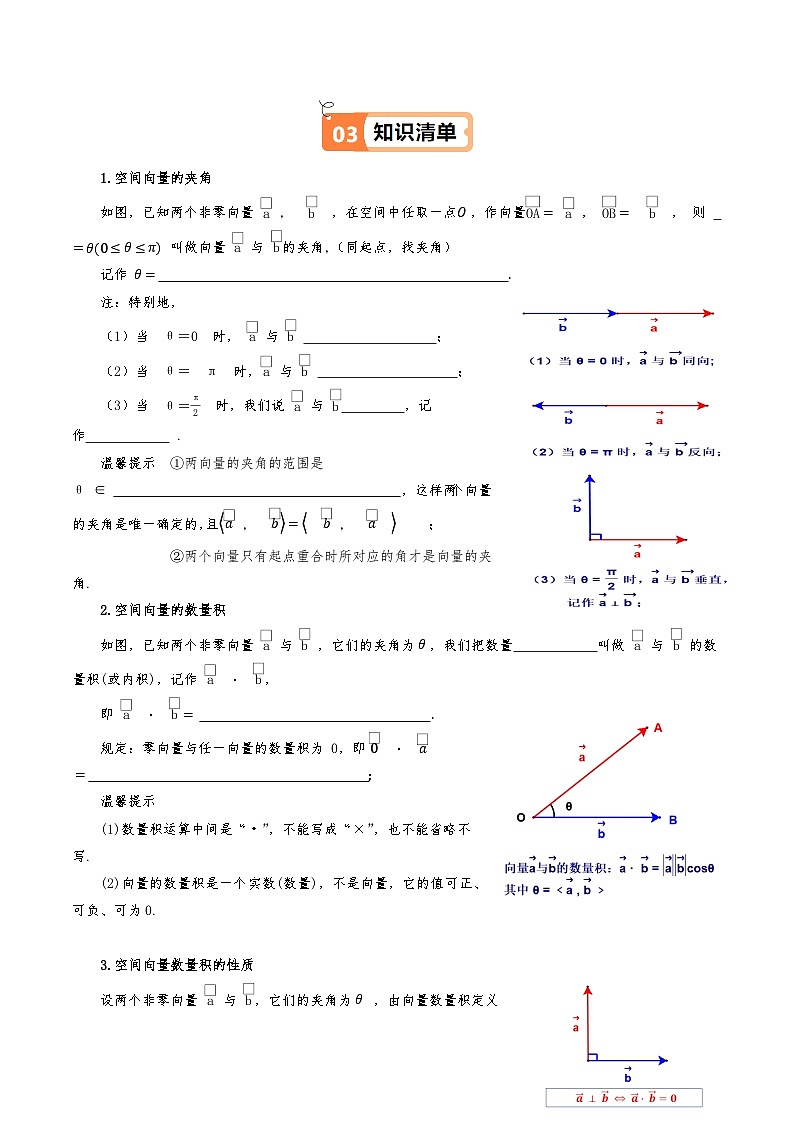 人教A版2019高中数学选修一第一单元1.1.2空间向量的数量积运算（知识清单+7类热点题型讲练+分层强化训练02