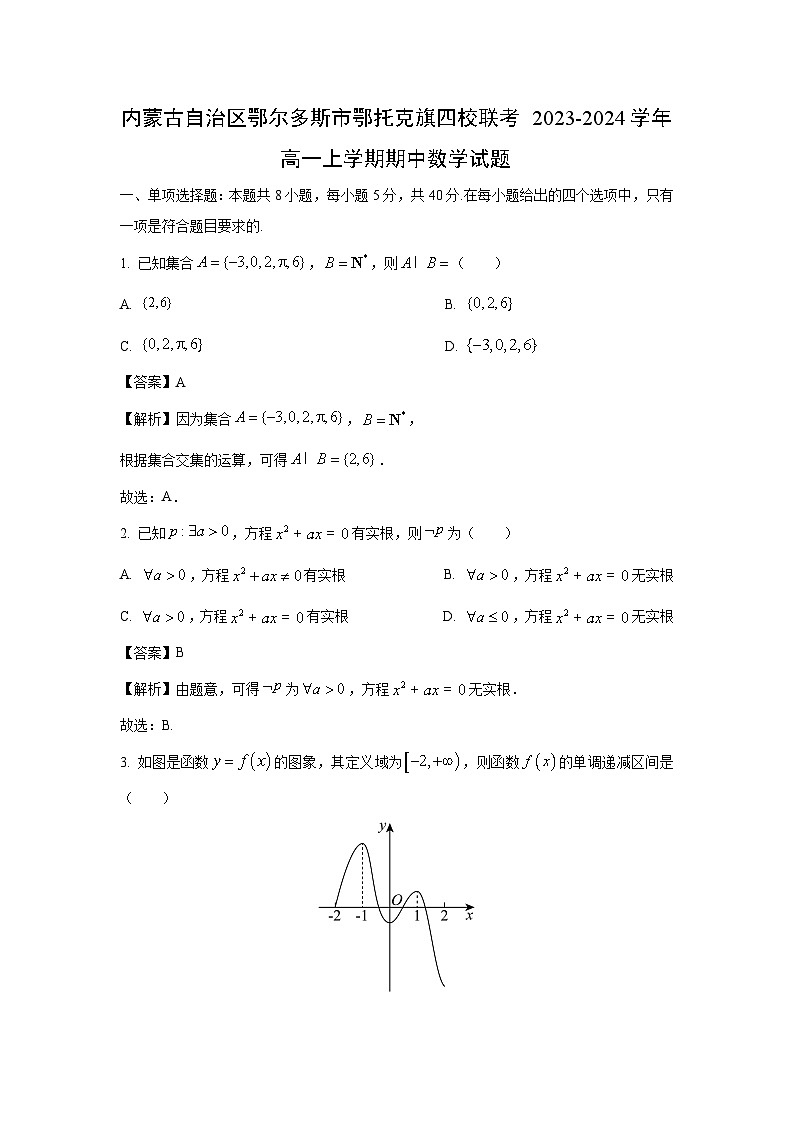 [数学][期中]内蒙古自治区鄂尔多斯市鄂托克旗四校联考2023-2024学年高一上学期期中试题(解析版)第1页