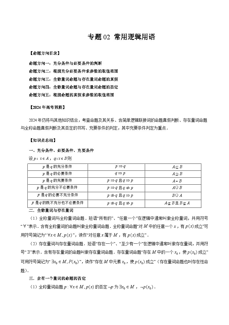 新高考数学第一轮复习讲义命题方向全归类(新高考专用)专题02常用逻辑用语(原卷版+解析)01