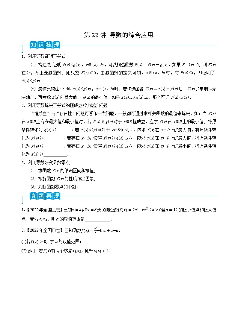 高考数学一轮复习精品导学案(新高考)第22讲导数的综合应用(原卷版+解析)01