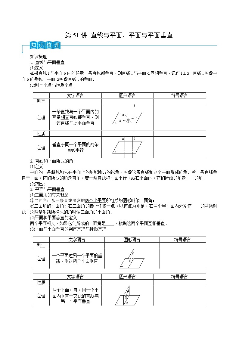 高考数学一轮复习精品导学案(新高考)第51讲直线与平面、平面与平面垂直(原卷版+解析)01