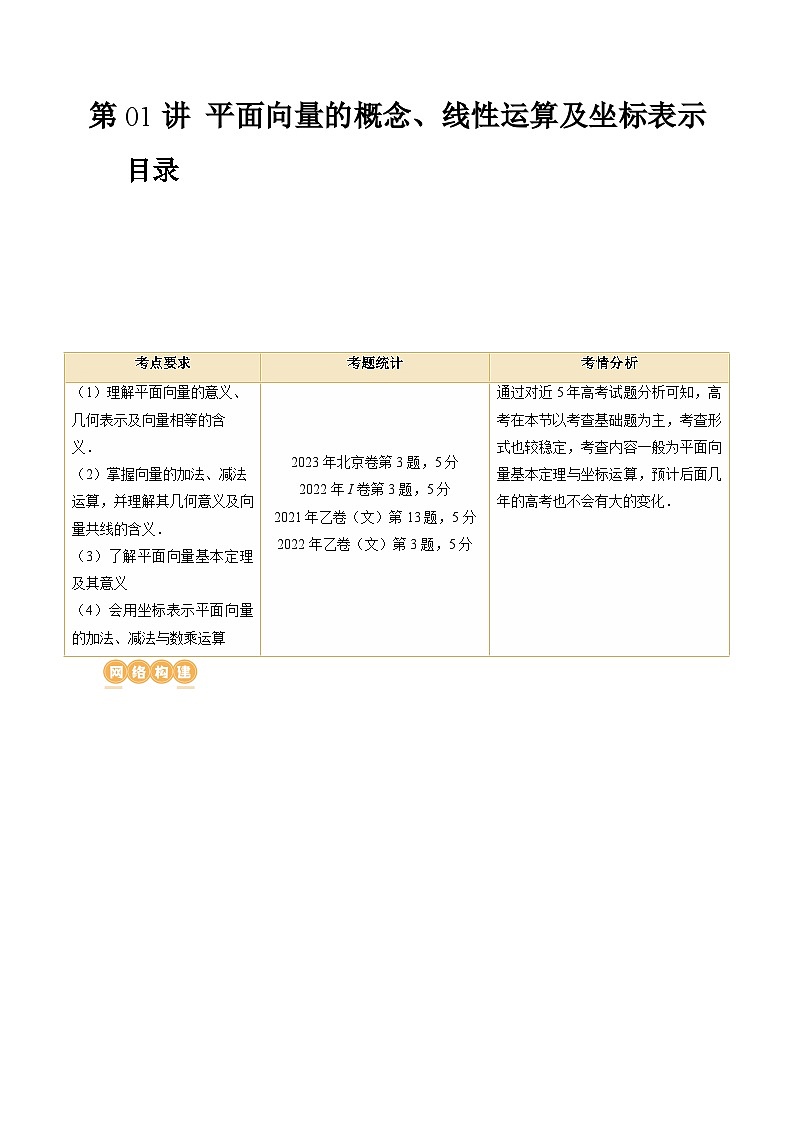 高考数学一轮复习讲练测(新教材新高考)第01讲平面向量的概念、线性运算及坐标表示(六大题型)(讲义)(原卷版+解析)01