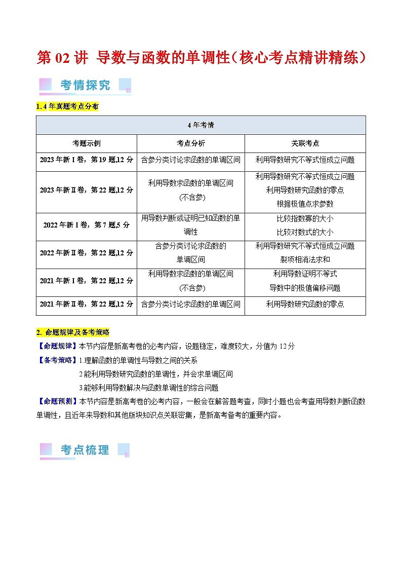 高考数学第一轮复习(新教材新高考)第02讲导数与函数的单调性（核心考点精讲精练）(学生版+解析)01
