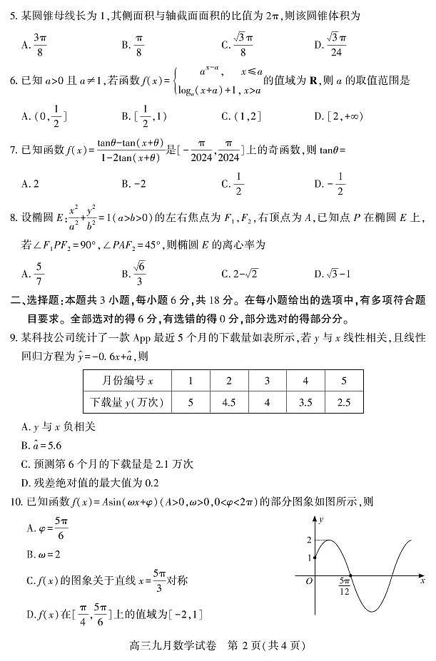 2025武汉市部分高中高三九月调考数学试卷第2页