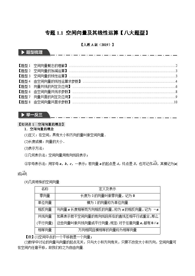 高考数学人教A版2019选择性必修第一册专题1.1空间向量及其线性运算【八大题型】(原卷版+解析)01