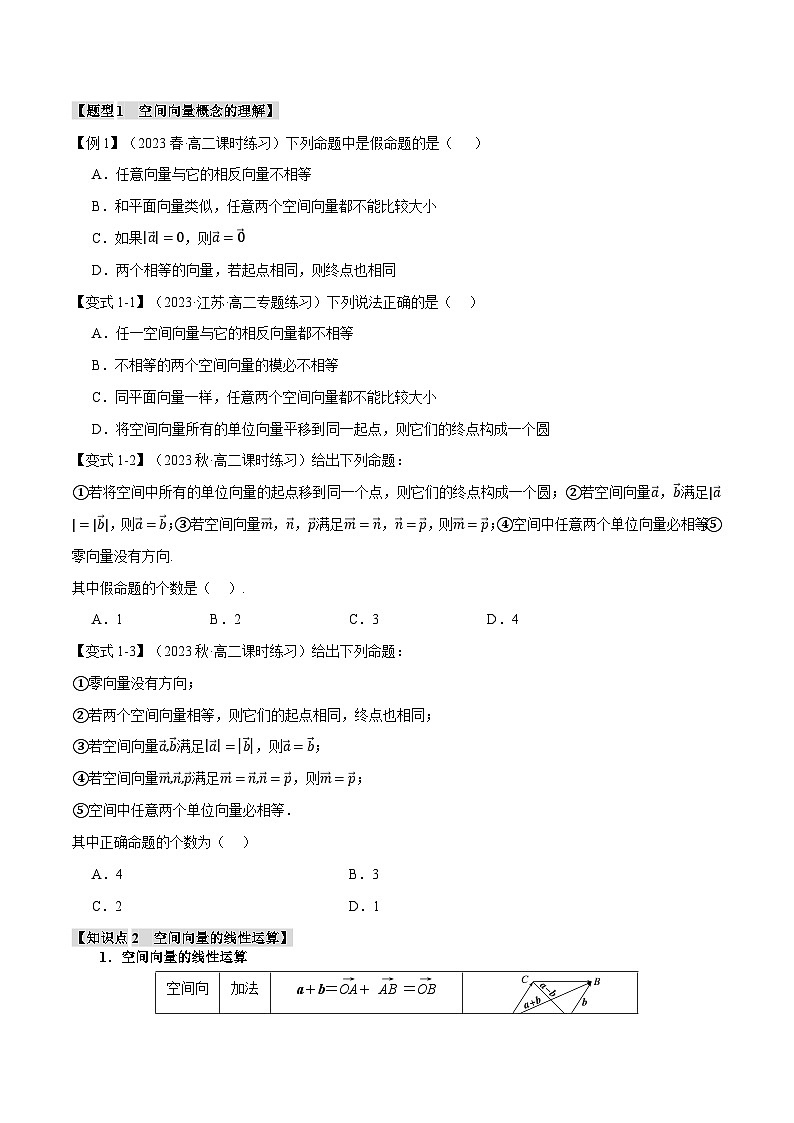 高考数学人教A版2019选择性必修第一册专题1.1空间向量及其线性运算【八大题型】(原卷版+解析)02