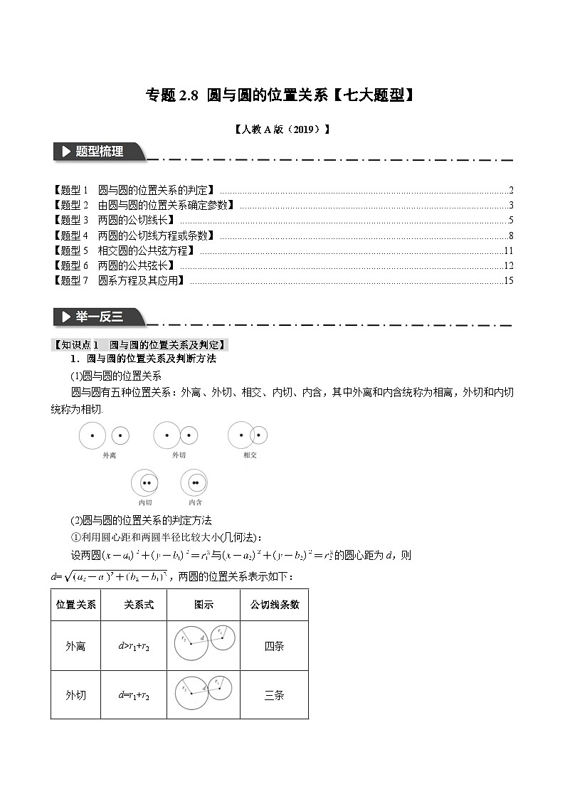 高考数学人教A版2019选择性必修第一册专题2.8圆与圆的位置关系【七大题型】(原卷版+解析)01