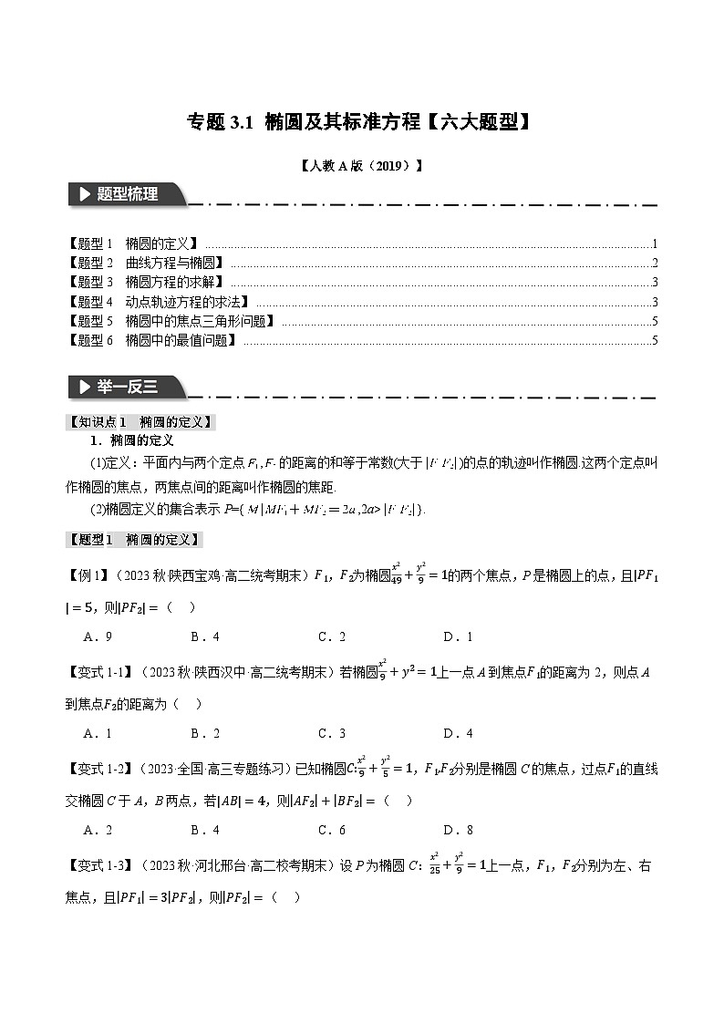 高考数学人教A版2019选择性必修第一册专题3.1椭圆及其标准方程【六大题型】(原卷版+解析)01