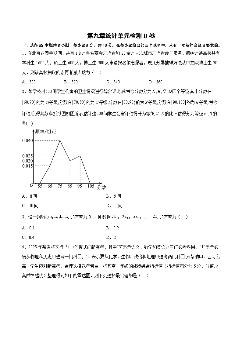高一数学分层训练AB卷(人教A版2019必修第二册)第九章统计【单元测试B卷】(原卷版+解析)01