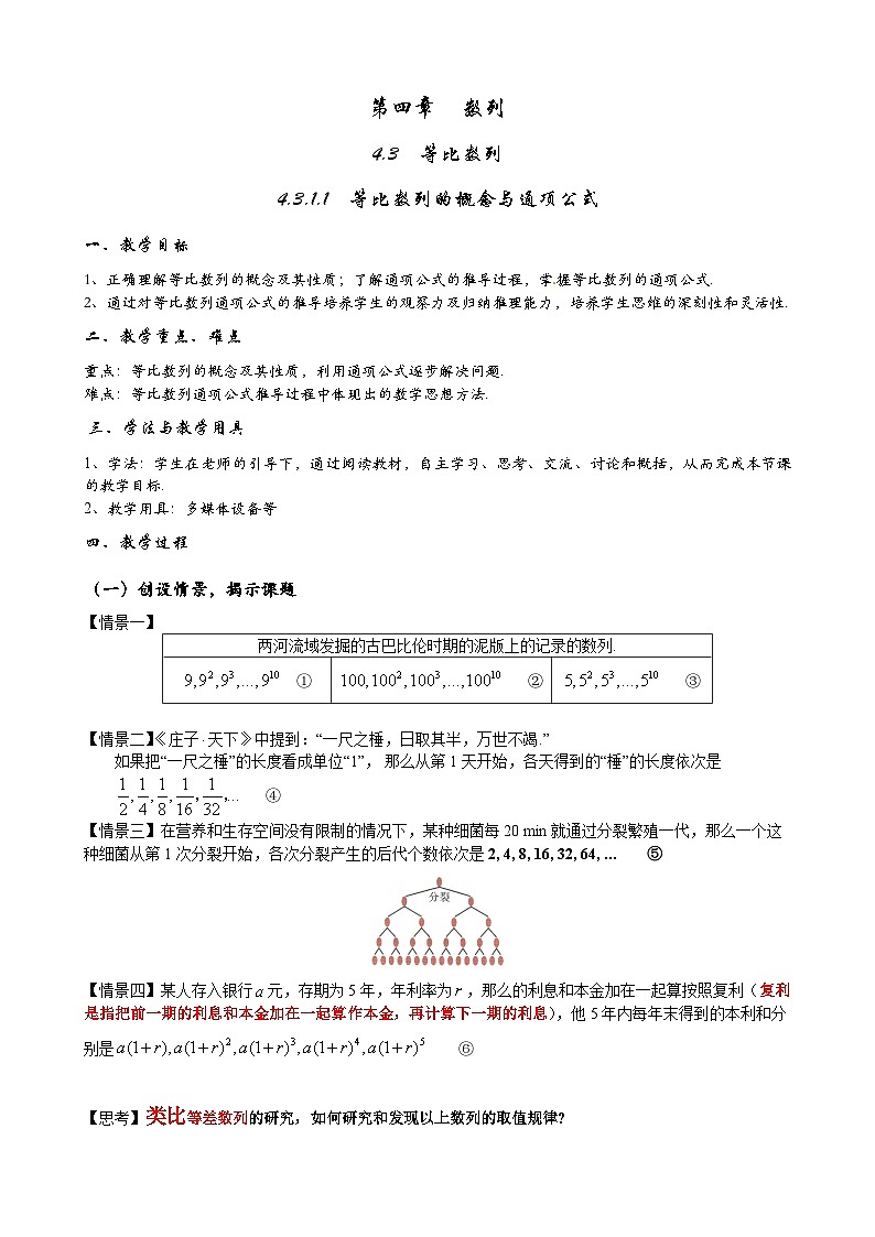 高二数学上学期人教A版（2019）选择性必修第二册4.3.1 等比数列的概念与通项公式  教案01