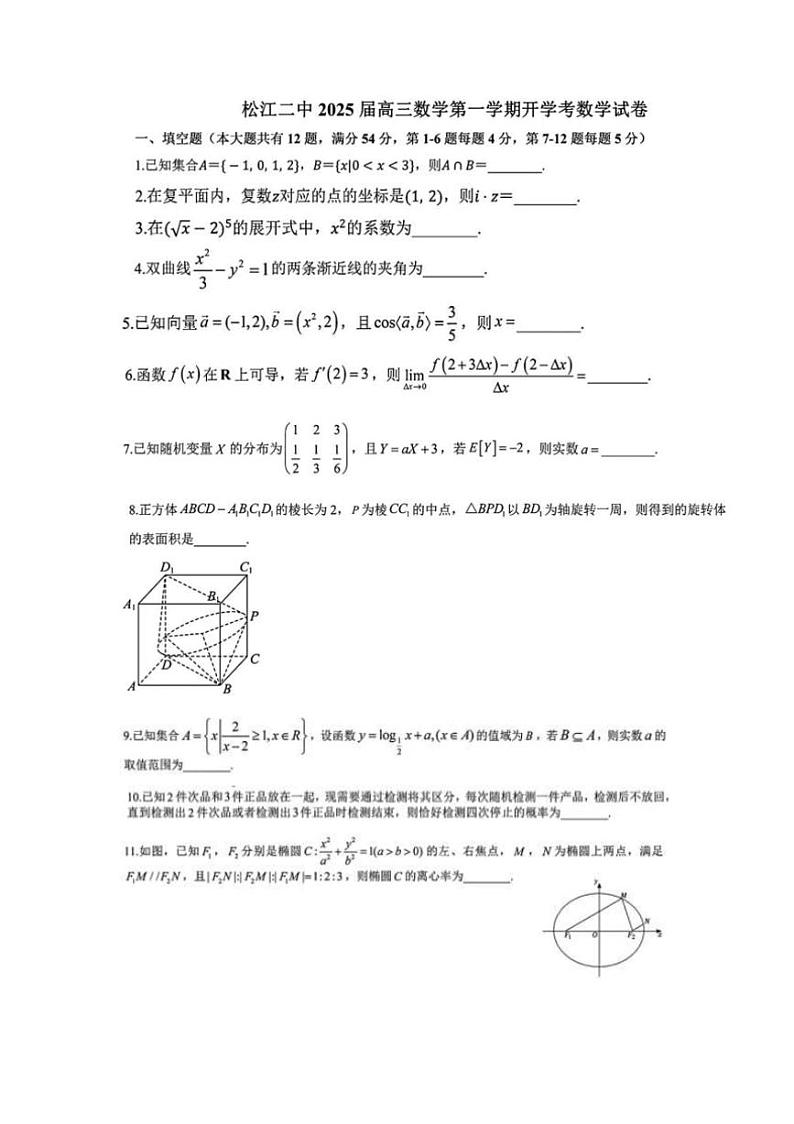[数学]上海市松江二中2024～2025学年高三上学期开学考试试卷(原题版+解析版)01