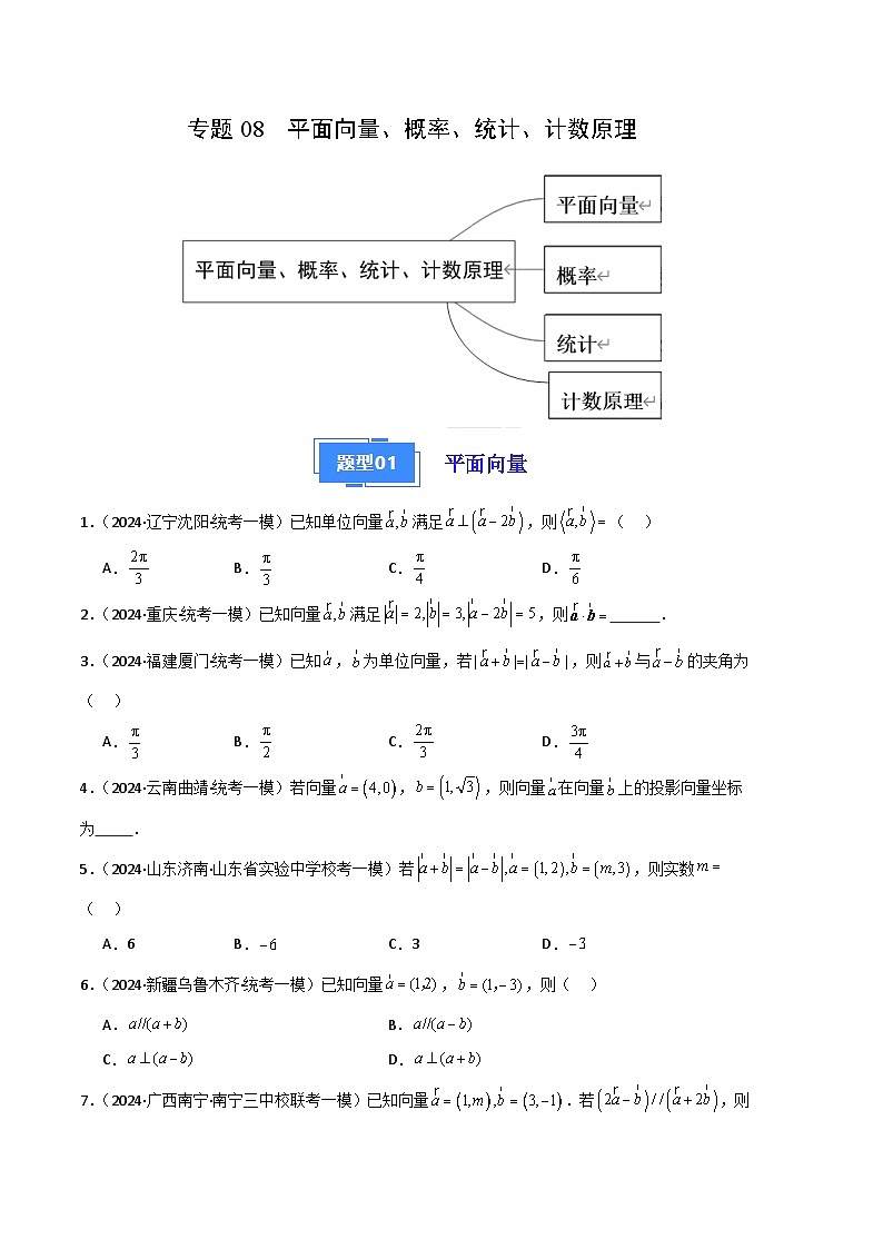专题08  平面向量、概率、统计、计数原理-2024年高考数学一模试题分类汇编学案（原卷版+解析版）01