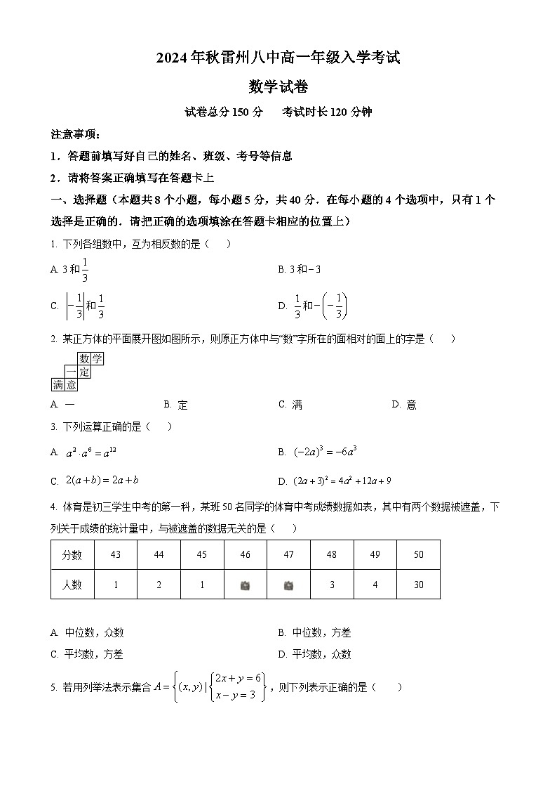 广东省雷州市第八中学2024-2025学年高一上学期入学考试数学试题（原卷版）01