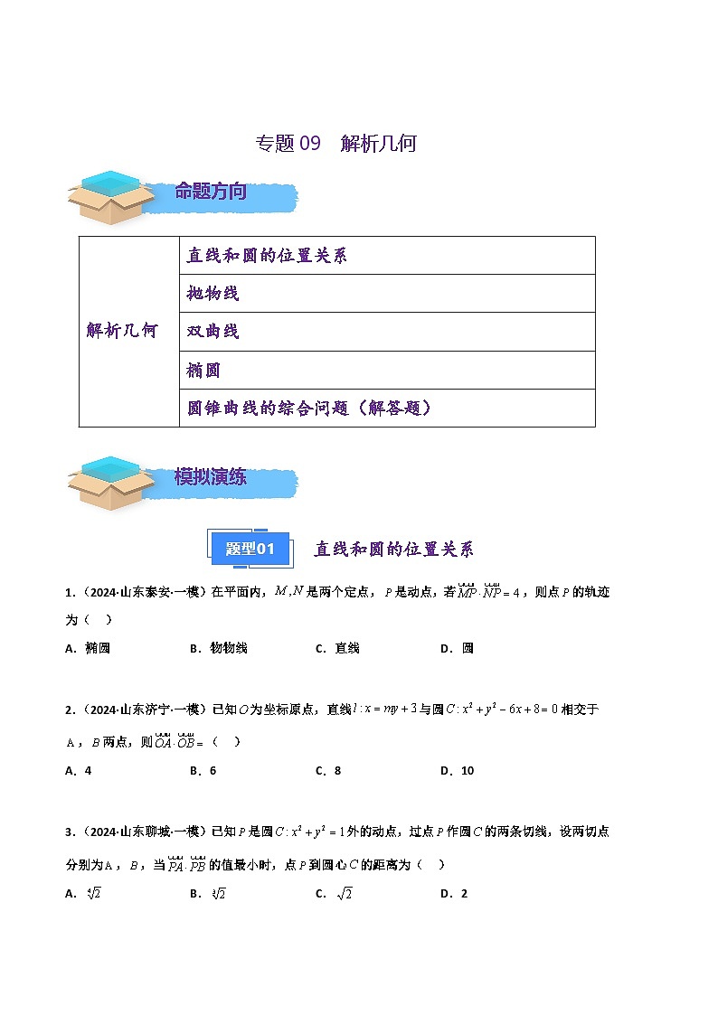 专题09 解析几何-2024年高考数学一模试题分类汇编学案（山东专用）（原卷版+解析版）01