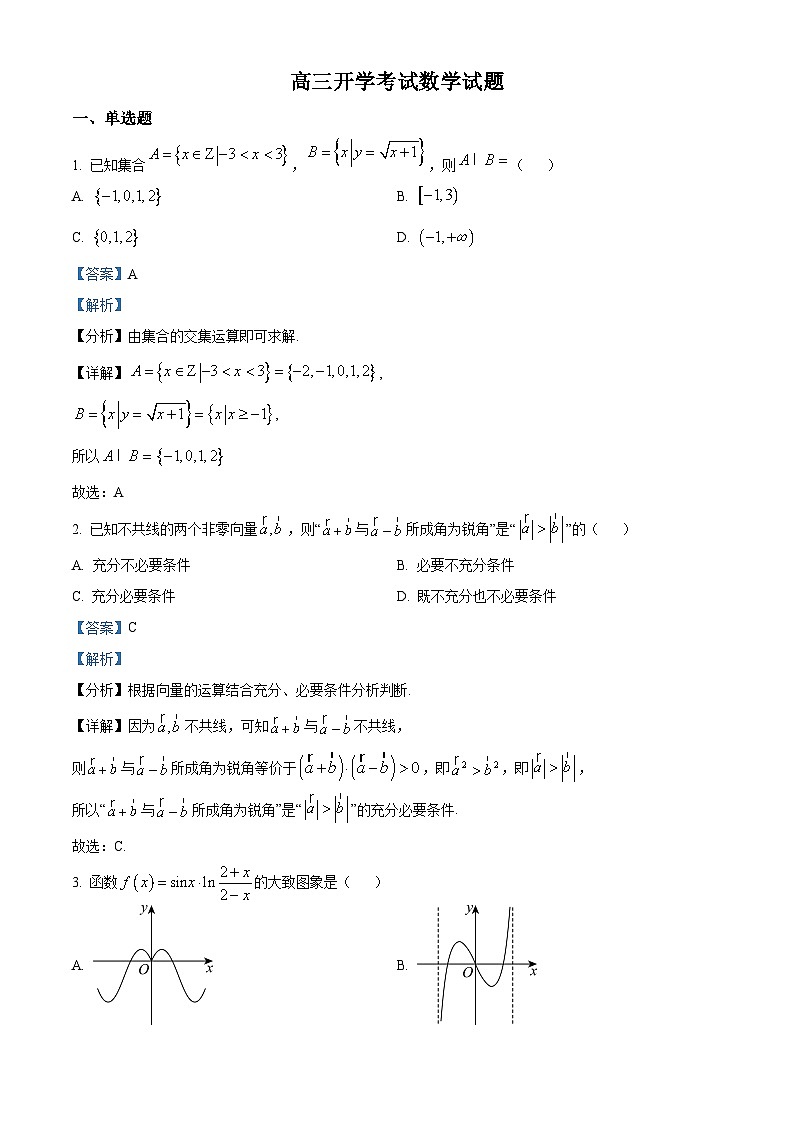 四川省绵竹中学2024-2025学年高三上学期开学考试数学试题（Word版附解析）01