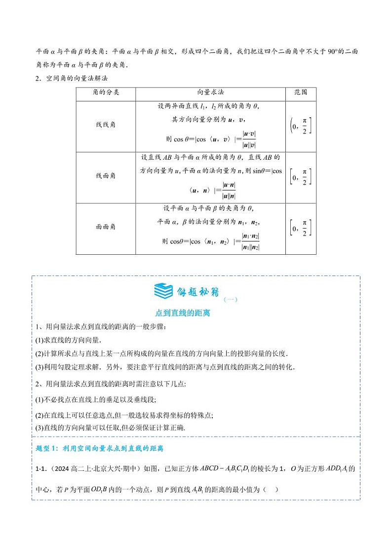 1.4.2用空间向量研究距离、夹角问题6题型分类（讲+练）（教师版） 2024-2025学年《解题秘籍》高二数学同步知识·题型精讲精练讲义（人教A版2019选择性必修第一册）第2页