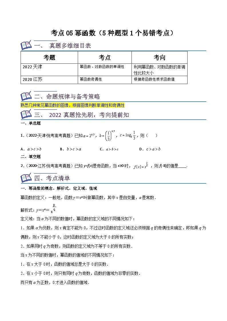 高考数学复习全程规划(新高考地区专用)考点05幂函数(5种题型1个易错考点)专项练习(原卷版+解析)01