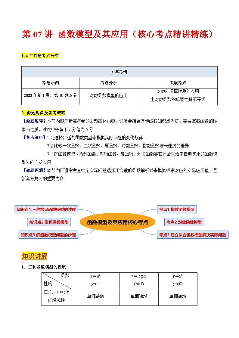 高考数学一轮复习(新教材新高考)第07讲函数模型及其应用专项练习(学生版+解析)第1页