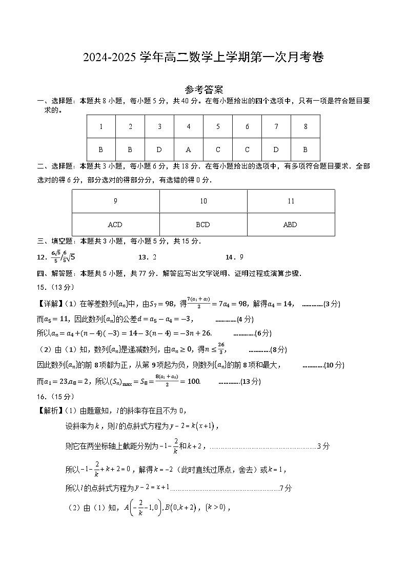 高二数学第一次月考卷（参考答案）第1页