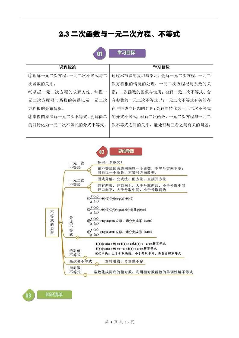 人教A版高中数学（必修第一册）同步讲义 2.3二次函数与一元二次方程、不等式（原卷版）第1页