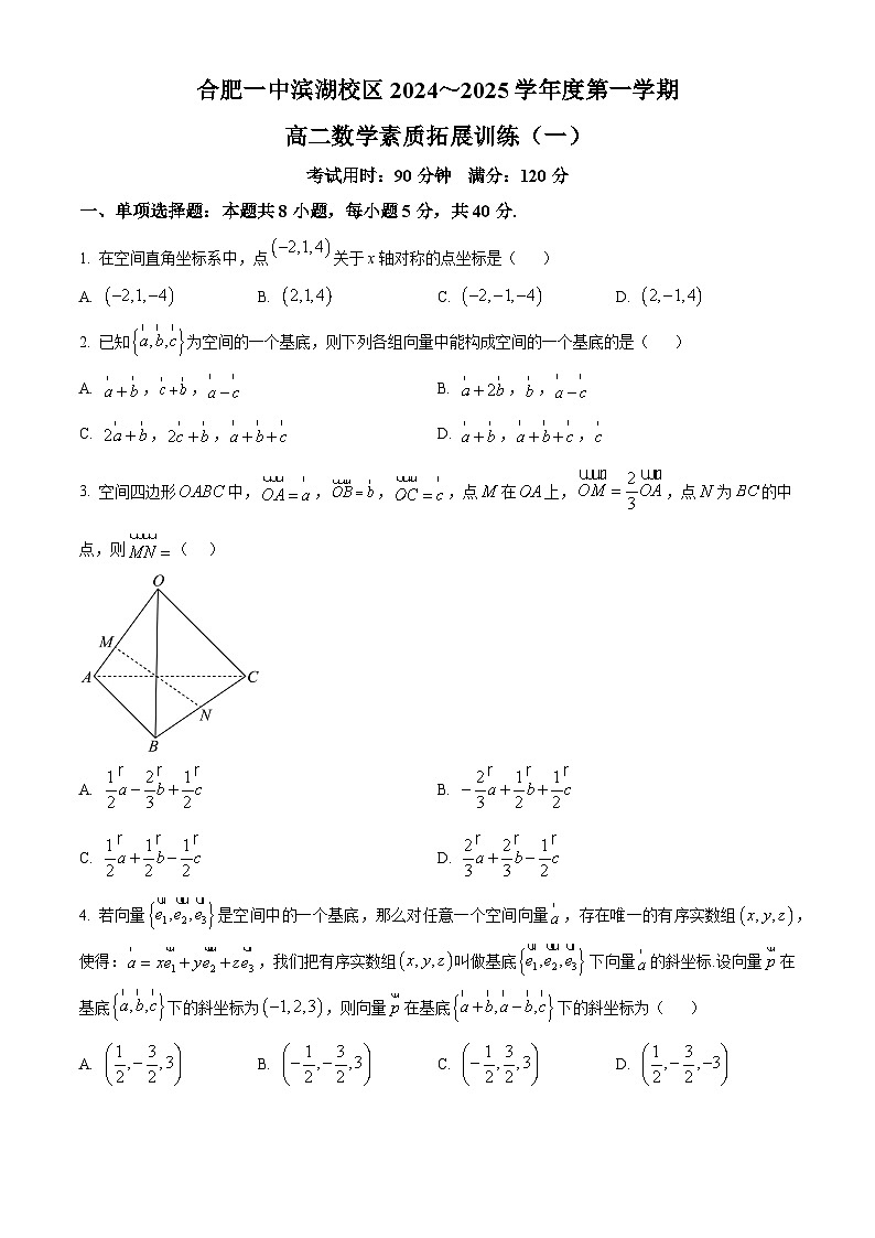 安徽省合肥市第一中学滨湖校区2024-2025学年高二上学期素质拓展训练（一）数学试卷（Word版附解析）01