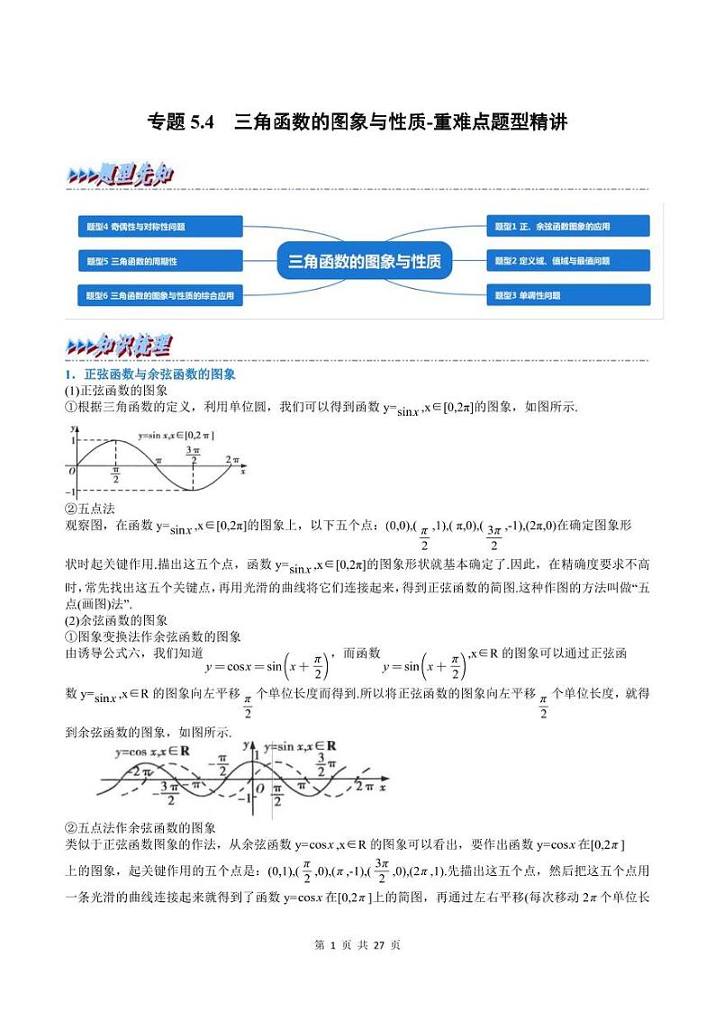 人教A版高中数学(必修第一册)培优讲义+题型检测专题5.4 三角函数的图象与性质-重难点题型精讲及检测（教师版）第1页