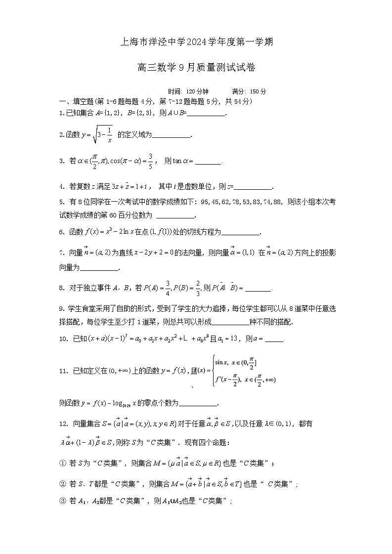 上海市洋泾中学2024-2025学年高三上学期9月质量测试数学试卷01