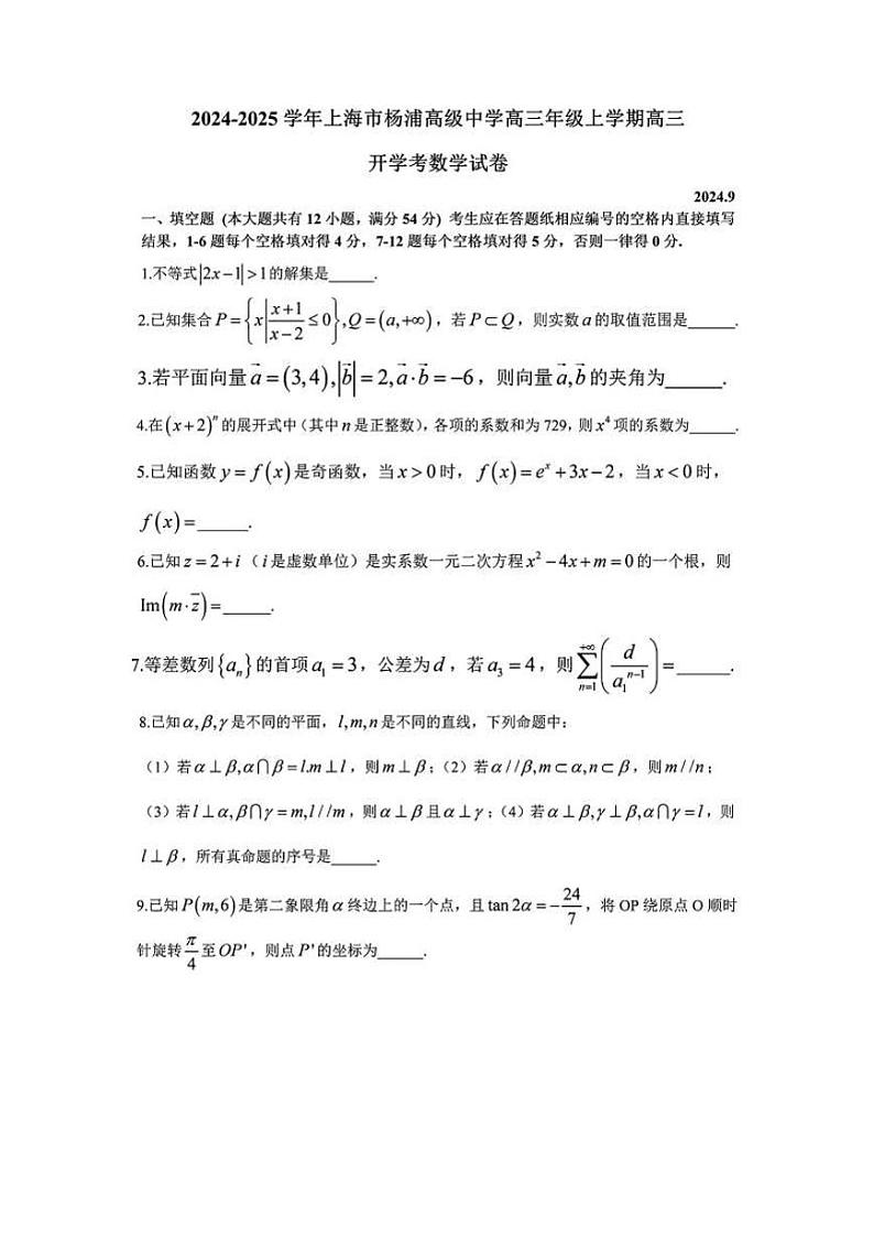 上海市杨浦高级中学2024-2025学年高三上学期9月月考数学试卷第1页
