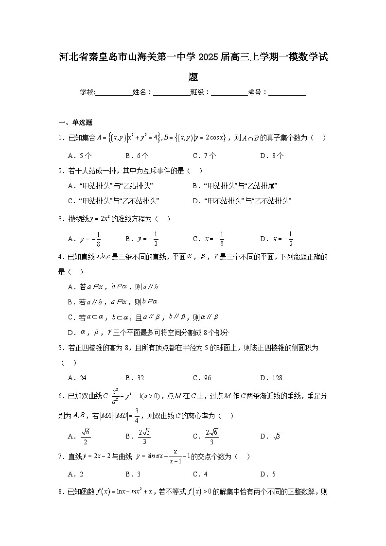 河北省秦皇岛市山海关第一中学2025届高三上学期一模数学试题01