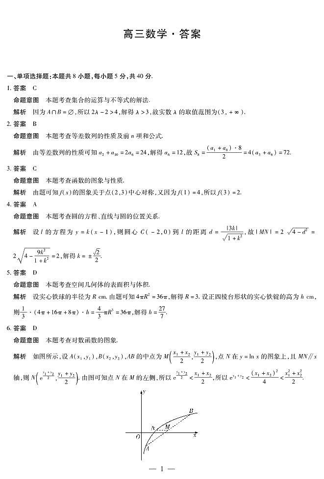 2025届高三天一大联考数学试卷参考答案（9月27日）第1页