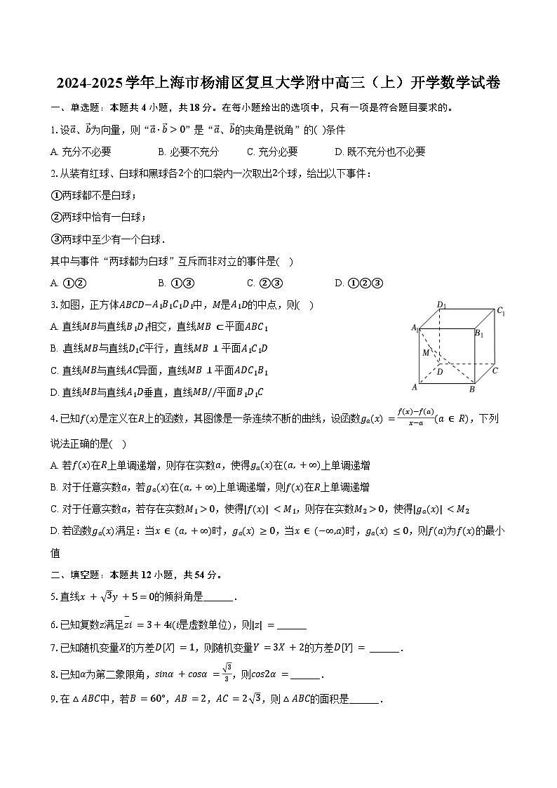 2024-2025学年上海市杨浦区复旦大学附中高三（上）开学数学试卷（含答案）第1页