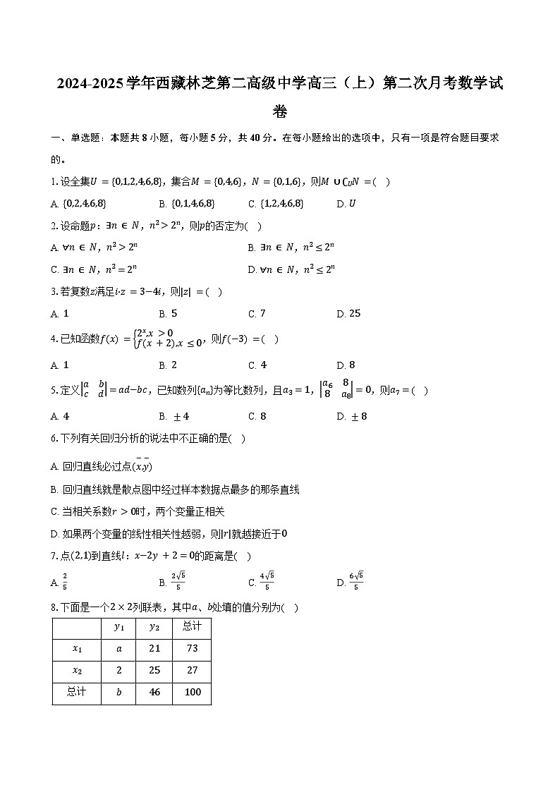 2024-2025学年西藏林芝第二高级中学高三（上）第二次月考数学试卷（含答案）第1页