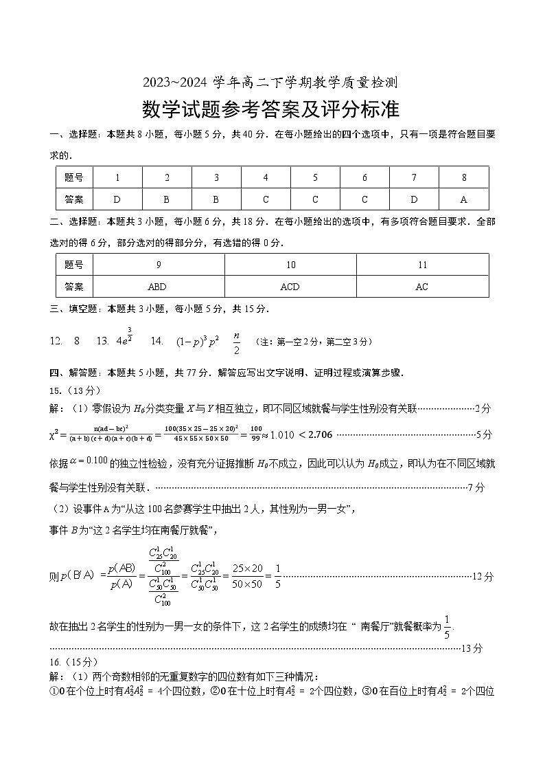 山东省菏泽市2023~2024学年高二下学期教学质量检测+数学试卷答案第1页