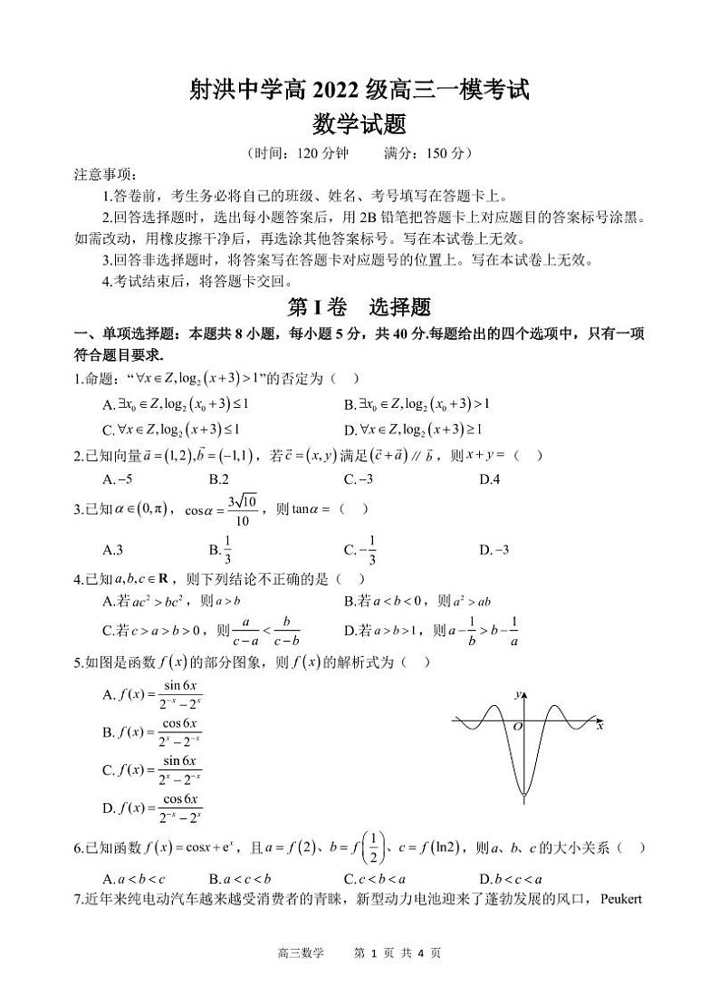数学丨四川省遂宁市射洪中学高2022级（2025届）高三9月一模考试数学试卷及答案01
