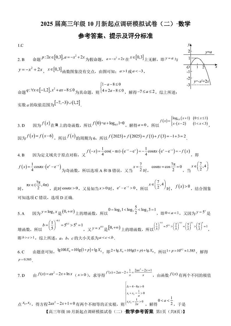 2025届高三年级10月新起点调研模拟试卷（二）·数学参考答案第1页