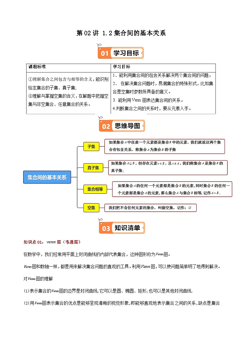 高中(人教A版数学必修一册)精品同步讲义第1章第02讲1.2集合间的基本关系(学生版+解析)01