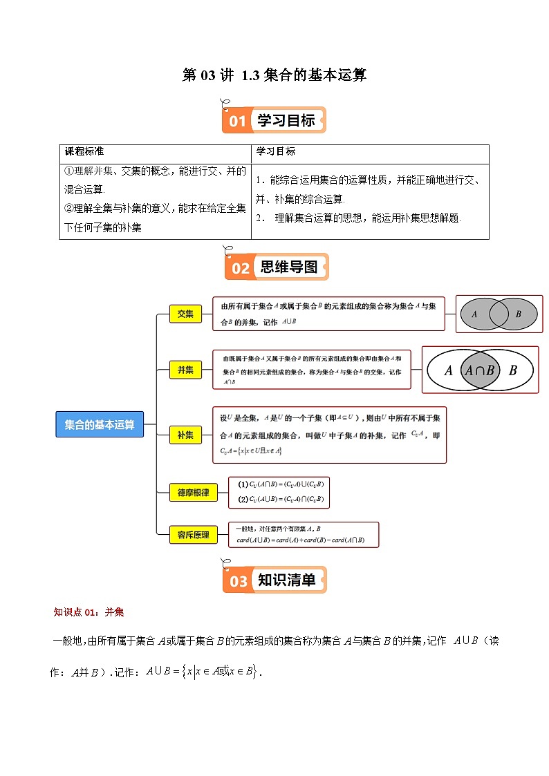 高中(人教A版数学必修一册)精品同步讲义第1章第03讲1.3集合的基本运算(学生版+解析)第1页