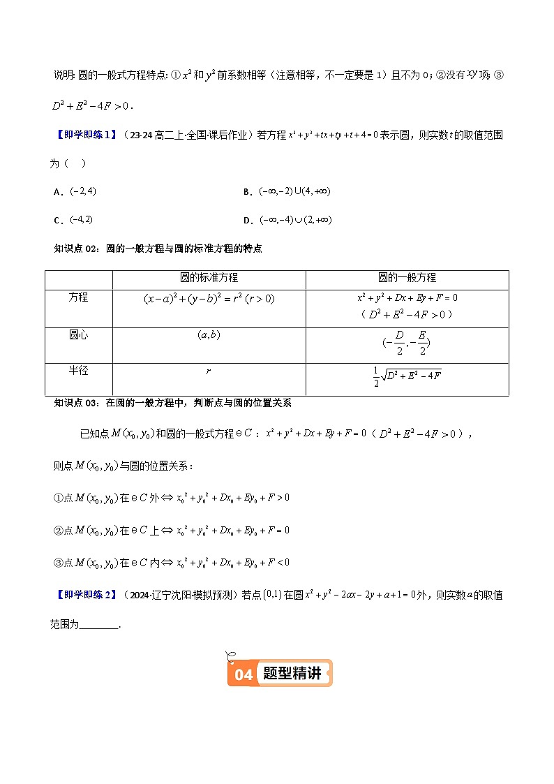 (人教A版选择性必修一册)高中数学精品讲义第2章第08讲2.4.2圆的一般方程(知识清单+10类热点题型讲练+分层强化训练)(学生版+解析)第2页