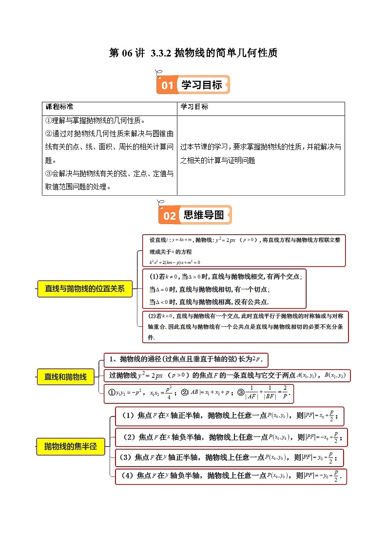 (人教A版选择性必修一册)高中数学精品讲义第3章第06讲3.3.2抛物线的简单几何性质(学生版+解析)第1页