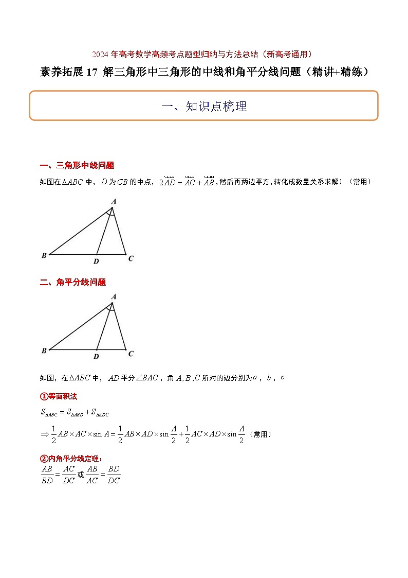 高考数学考点题型归纳与方法总结(新高考)素养拓展17解三角形中三角形的中线和角平分线问题(精讲+精练)学生版+解析第1页