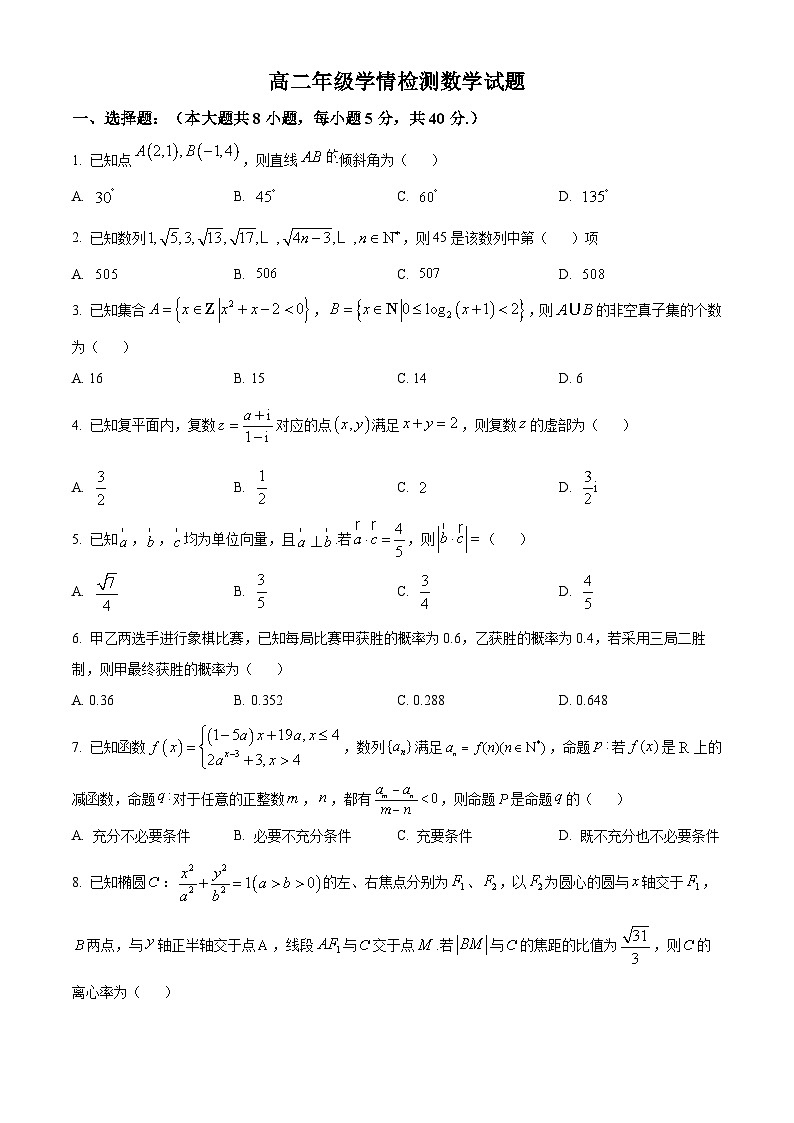 江苏省射阳中学2024-2025学年高二上学期9月月考数学试题（原卷版）第1页